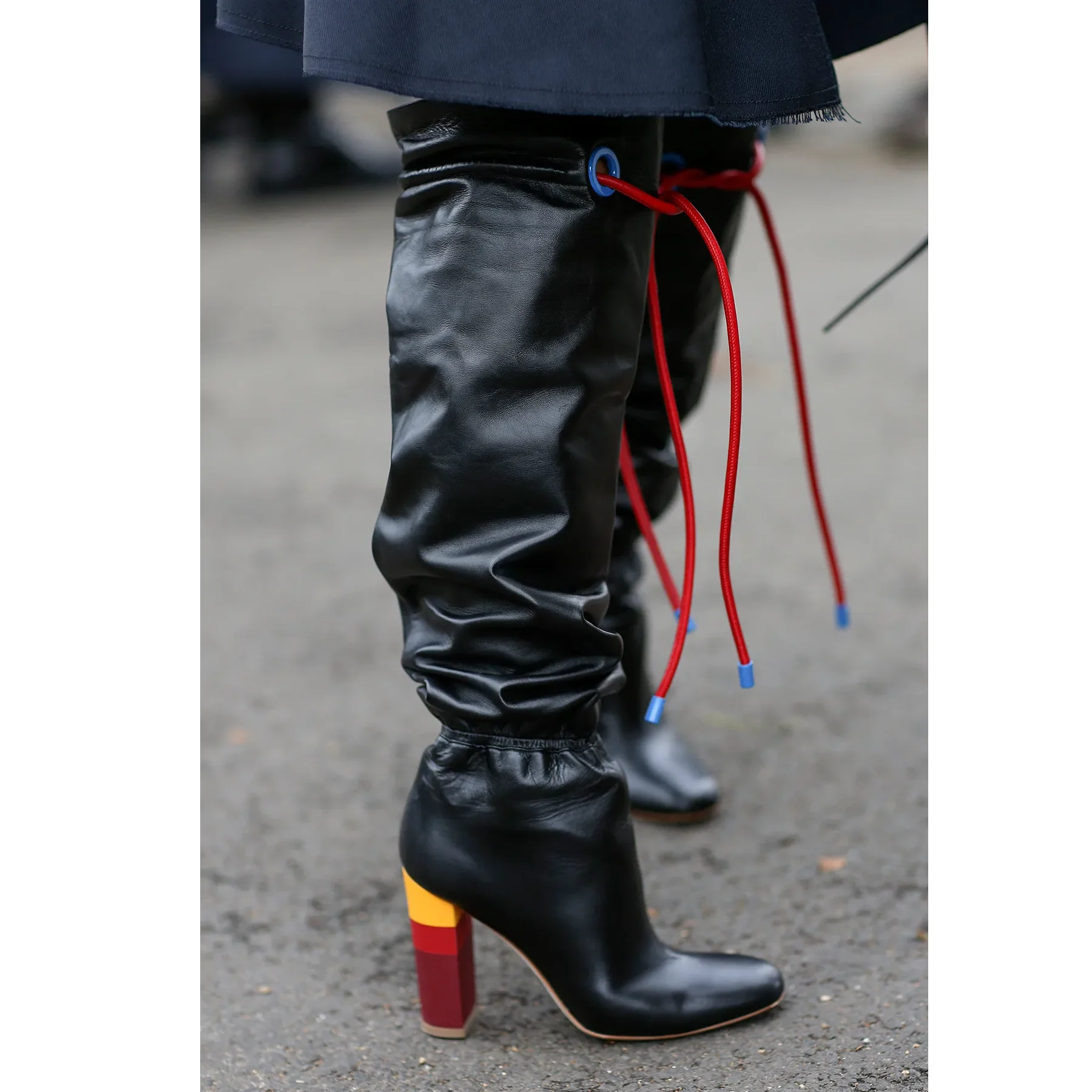 2026 New in black/red/white leather colorful pull on over knee high boots lace up chunky heels round toe runway designer shoes