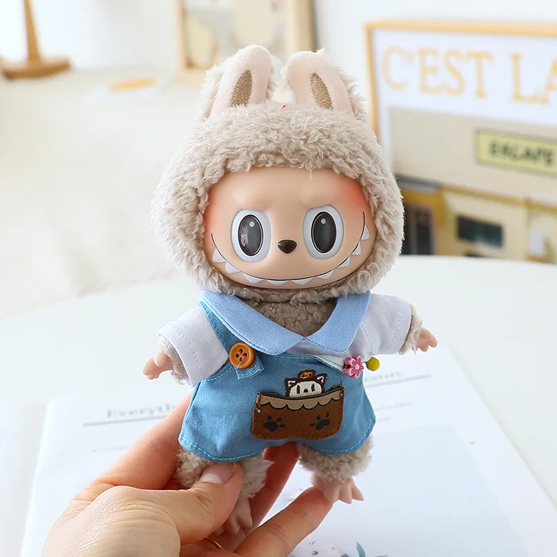 Labubu15cm/17cm 인형 의류 앉아 파티 인형 의류 고품질 티셔츠 스트랩 바지 세트 물병 모자