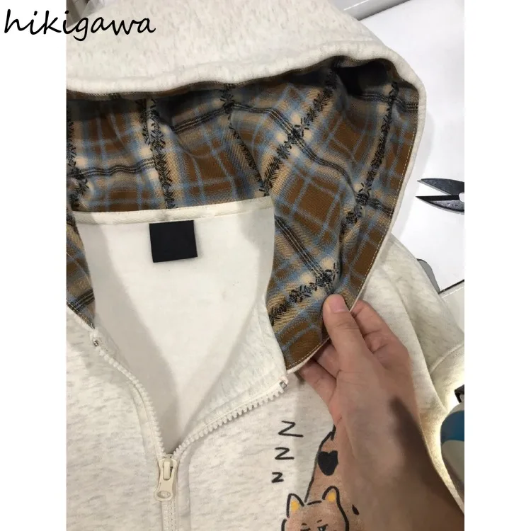 Japanese Sweatshirts for Women Streetwear Thicked Cat Print Jackets Y2k Tops Casual Fashion Hooded Zipper Hoodie 2024 Ropa Mujer