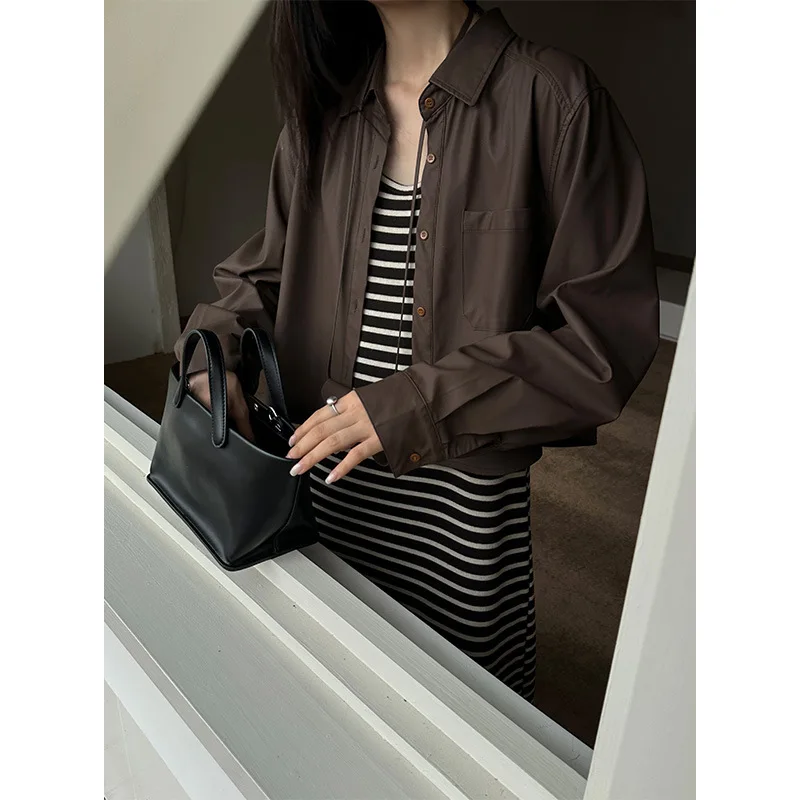

2025 Autumn New Korean Striped Dress Fashion Set Women's Skin-Friendly Versatile Loose Long Skirt with Hanging Bag