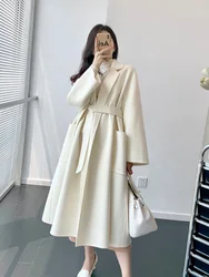 Labbro Double-sided Water Wave Pattern 100% Pure Cashmere Bathrobe Coat Medium Length Milk White Woolen Coat Female