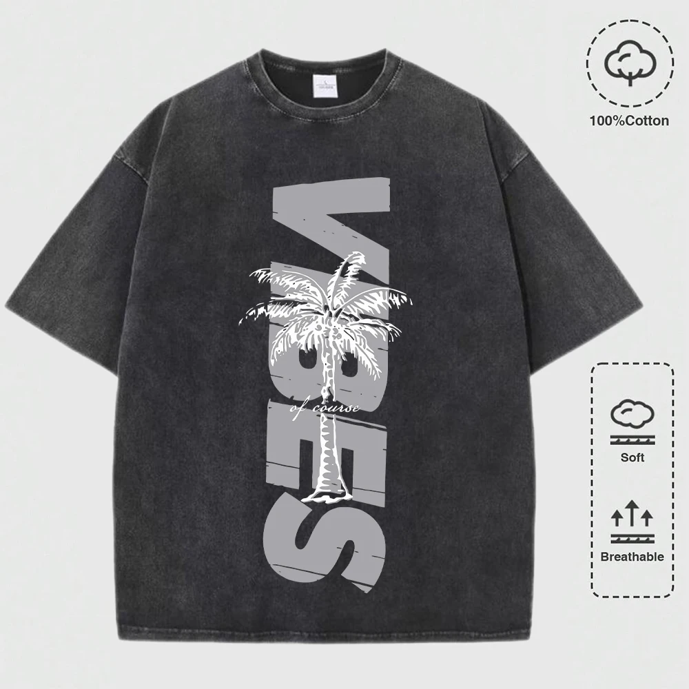 

Summer Beach Vibes Coconut Tree Print Washed T-Shirts Mens Loose O-Neck Tee Shirt Cotton All-Match Top Casual Soft Sportswear
