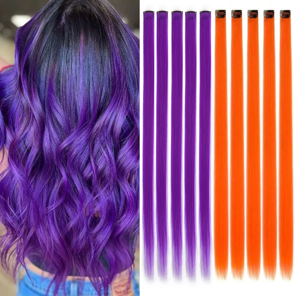 

5 шт. длинные прямые синтетические фиолетовые оранжевые термостойкие заколки для наращивания волос 24 дюйма цветные вечерние блики шиньоны fo