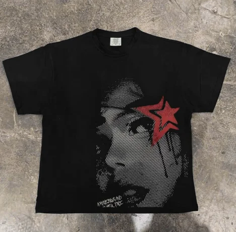 Vintage Y2K Oversized Couple Matching T-shirt Abstract Figure Star Graphic Print Loose Fit Short Sleeve Tees Streetwear Casual Tops For Men And Women