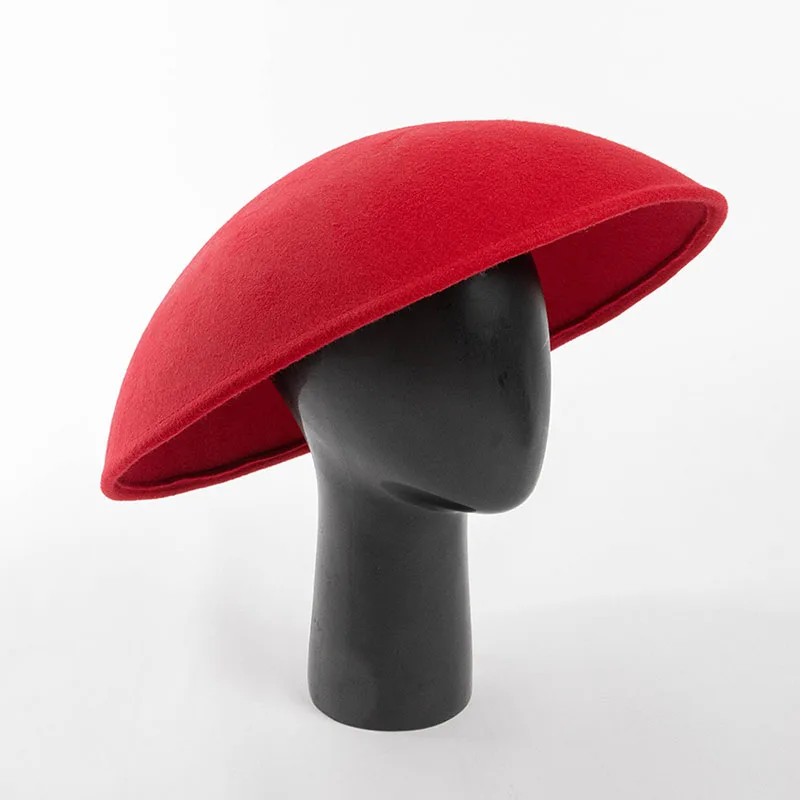 Women's  Elegant Retro Dome Large Eave Wool Felt Hat Stage Show Performance Concave Shape Felt Hat UFO Shape Flat Cap For Party