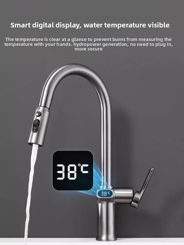 Intelligent digital display kitchen pulling faucet gun ash rotating hot and cold telescopic vegetable basin sink faucet G3/8G1/2