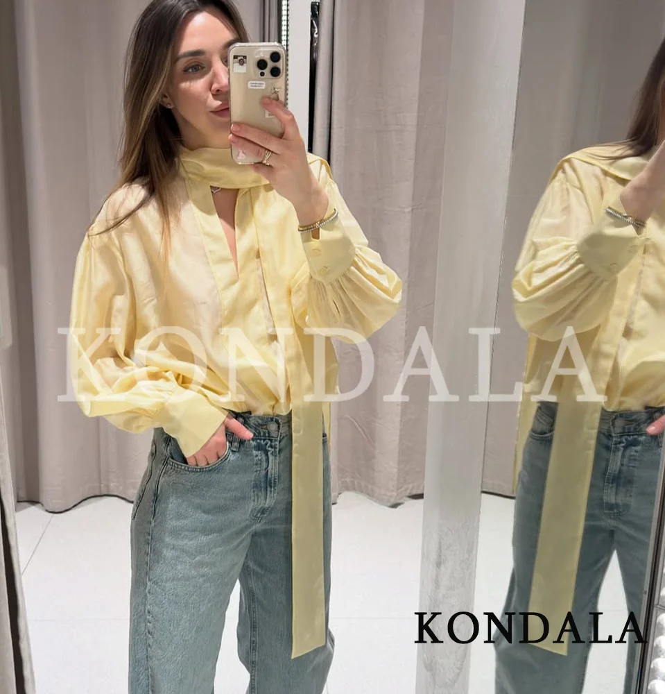 KONDALA Elegant Chic Bow Satin Shirts Women's Trendy V-Neck Shiny Shirt New 2026 Spring Summer Fashion Commute High Street Shirt