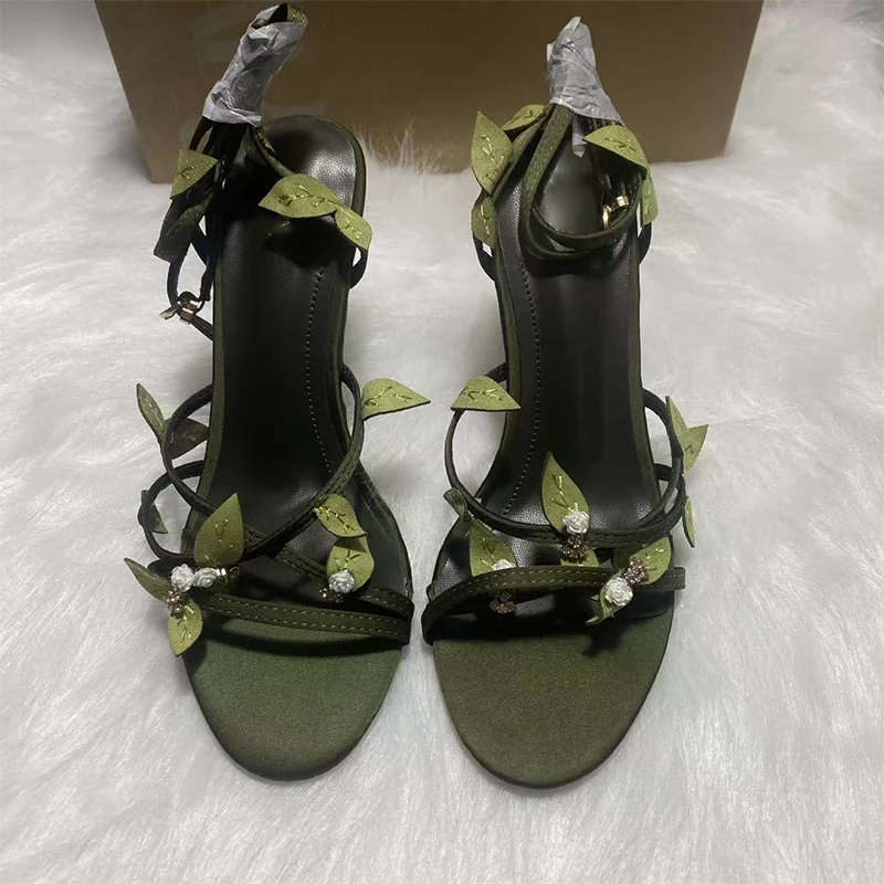 

Jinxixi Women Heels Luxury 2025 New Style Green Gold Leaf Rose Thin Strap Heeled Sandals High Heels Designer Evening Party Shoes