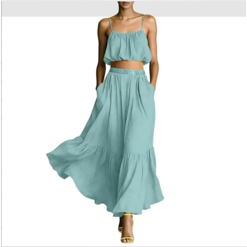 Europe and The United States Summer New Casual Women's Suspender Top High Waist Pleated Pendulum Skirt Solid Color Two-piece Set