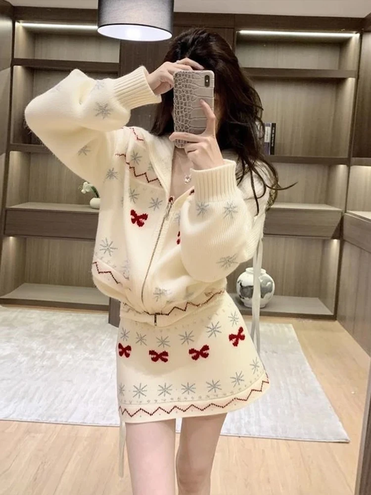 

Шикарный белый вязаный комплект: женский топ и юбка-миди из двух частей, модный осенне-зимний дышащий костюм средней длины...