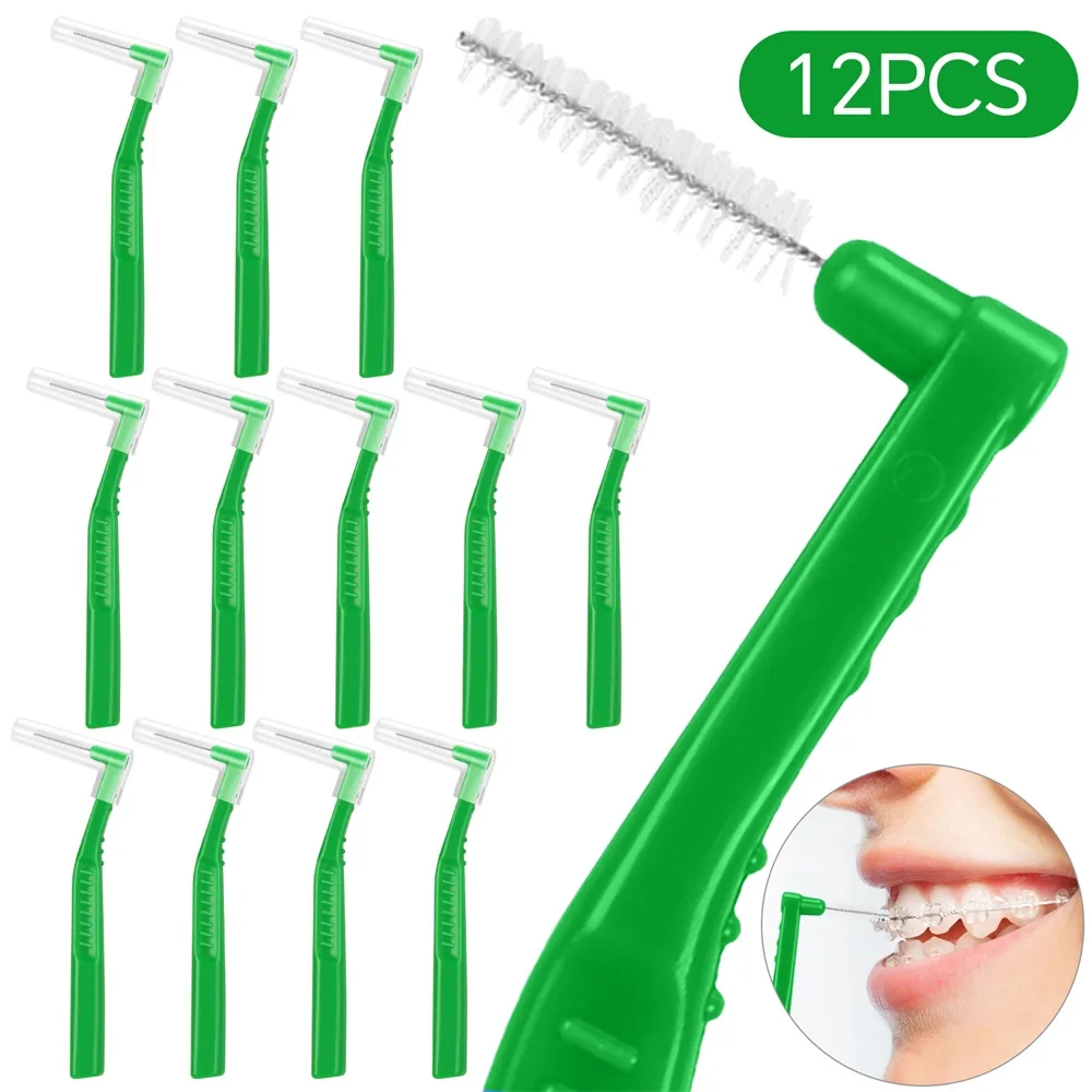 12 L Type Interdental Brush for Adult, Orthodontic Push-Pull Tooth Brush Cleaning Between Teeth, Portable Oral Hygiene Care Tool