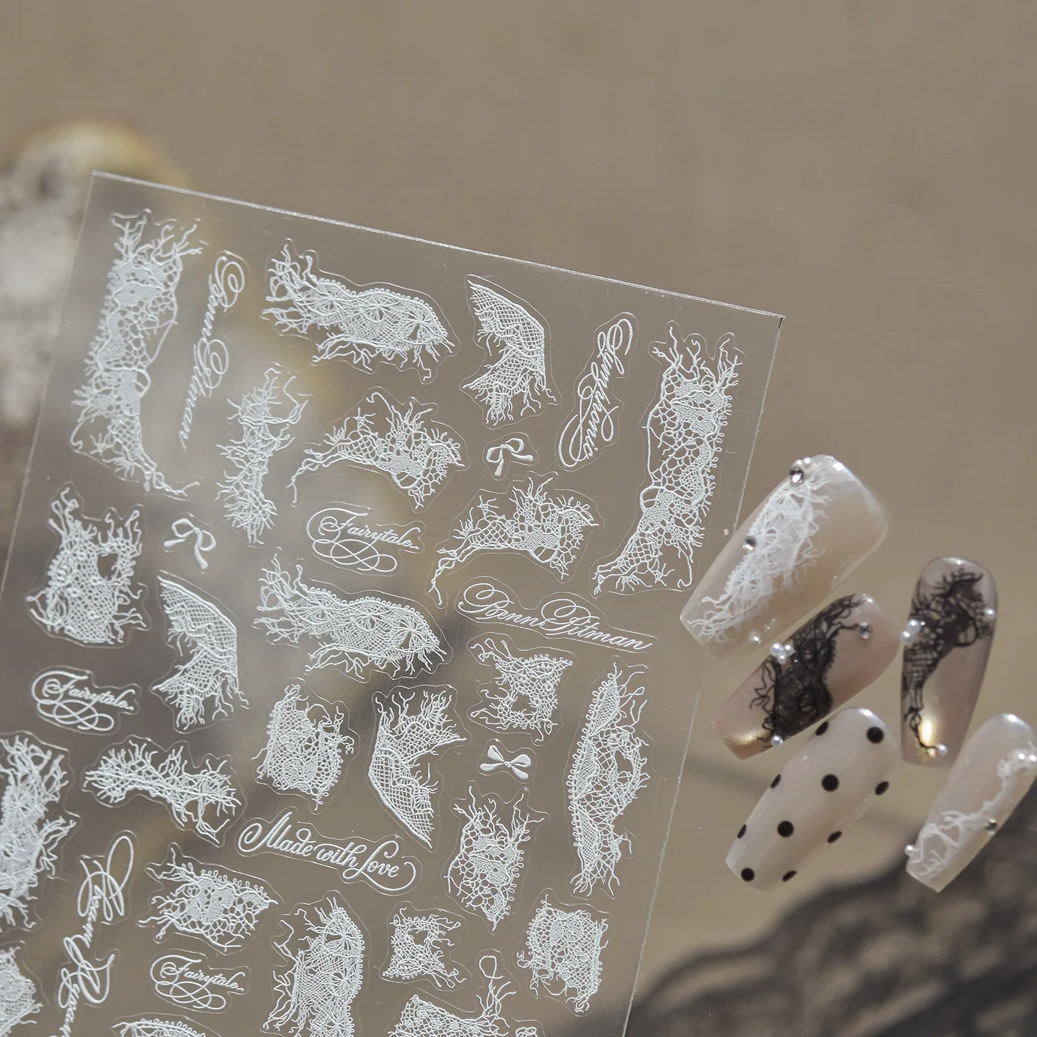French Retro White Broken Lace 5D Nail Sticker Fragments Hollow Mesh Tulle Butterfly Self Adhesive Manicure Decal For Girl Women