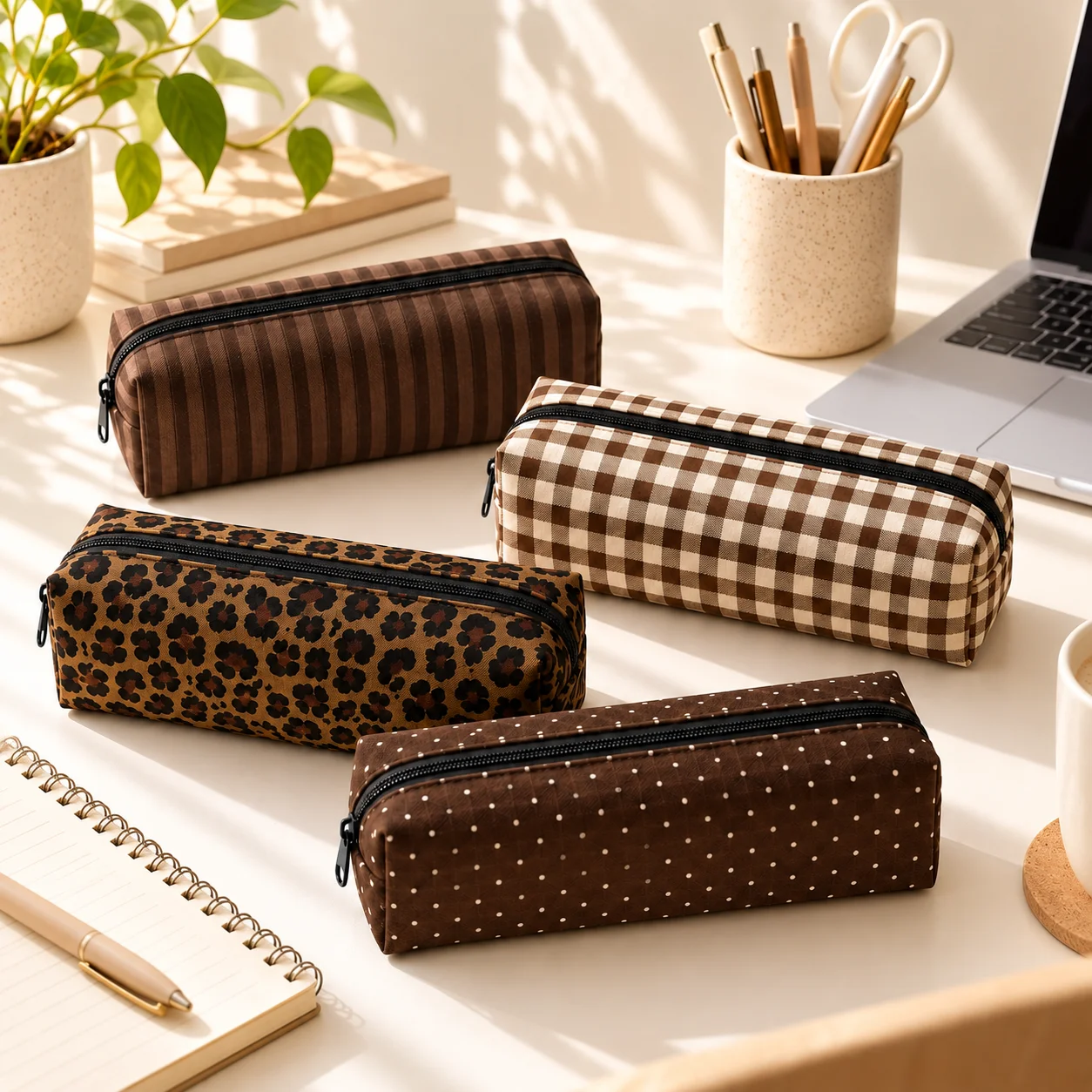 Vintage Pencil Case Brown Pattern Zipper Pen Pouch Portable Stationery Organizer School Office Study Desk Supplies Storage Bag