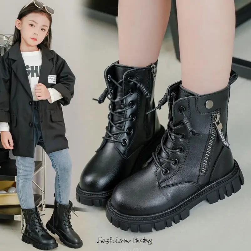 Princess Teens Girls Long Boots Spring Leather Flat Booties Single Winter Boots Metal Decoration Kids Botas Nina 26-36