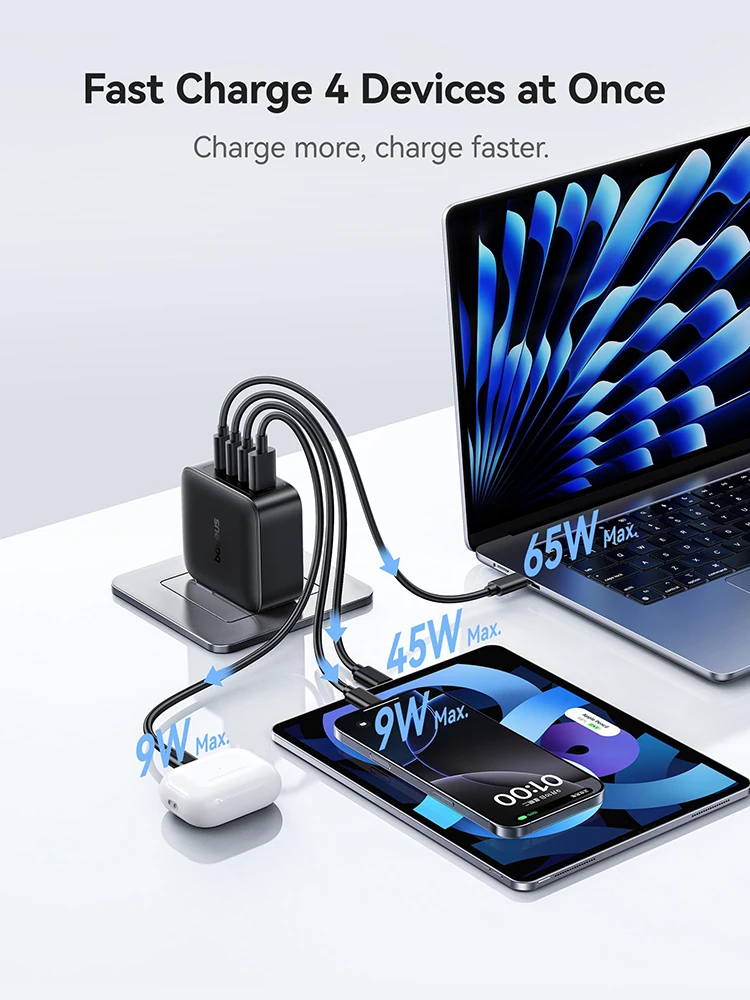 

Baseus 140W 4-Port GaN Wall Charger, Multi Port PD Fast Charging Block Support 100W Charging for Laptop Smartphone Samsung Huawe