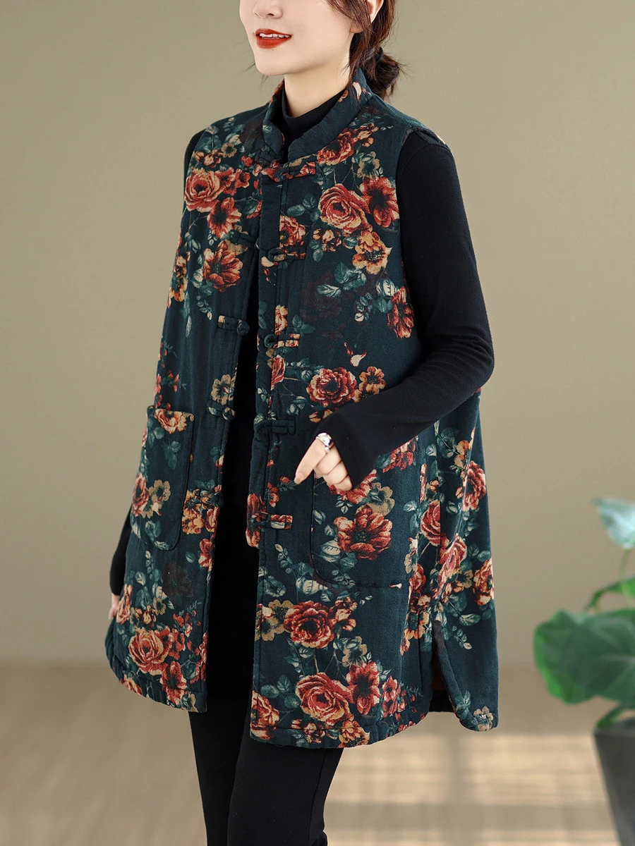 

Warm Mid-Length Chinese Sle Stand Collar Button-Up Vest 2025 Winter Thiened Commute Sle Women's Faion Retro Vest