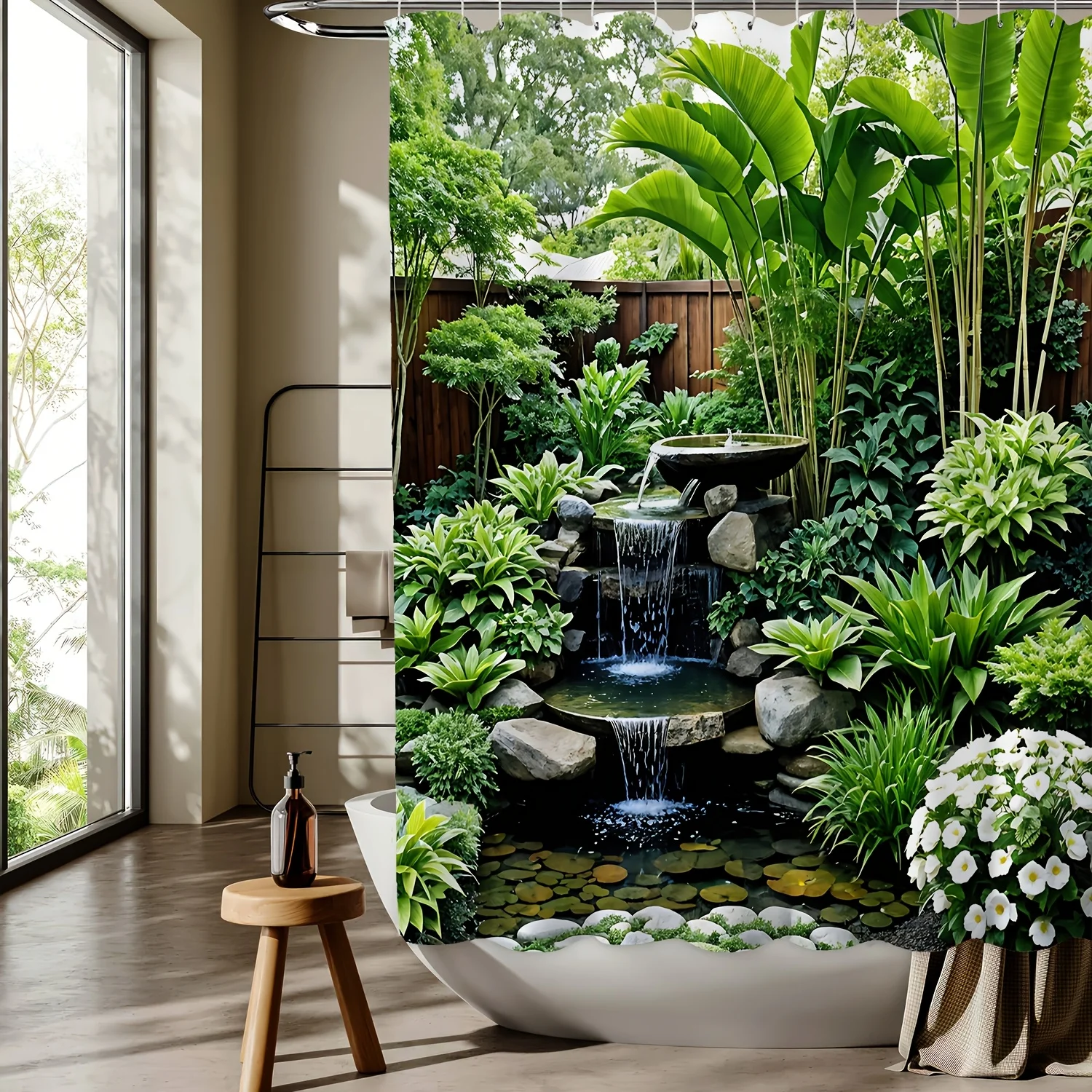 

Serene Garden Waterfall Shower Curtain, Polyester, Machine Washable, Reversible, Hooks Included, All-Season Bathroom Decor