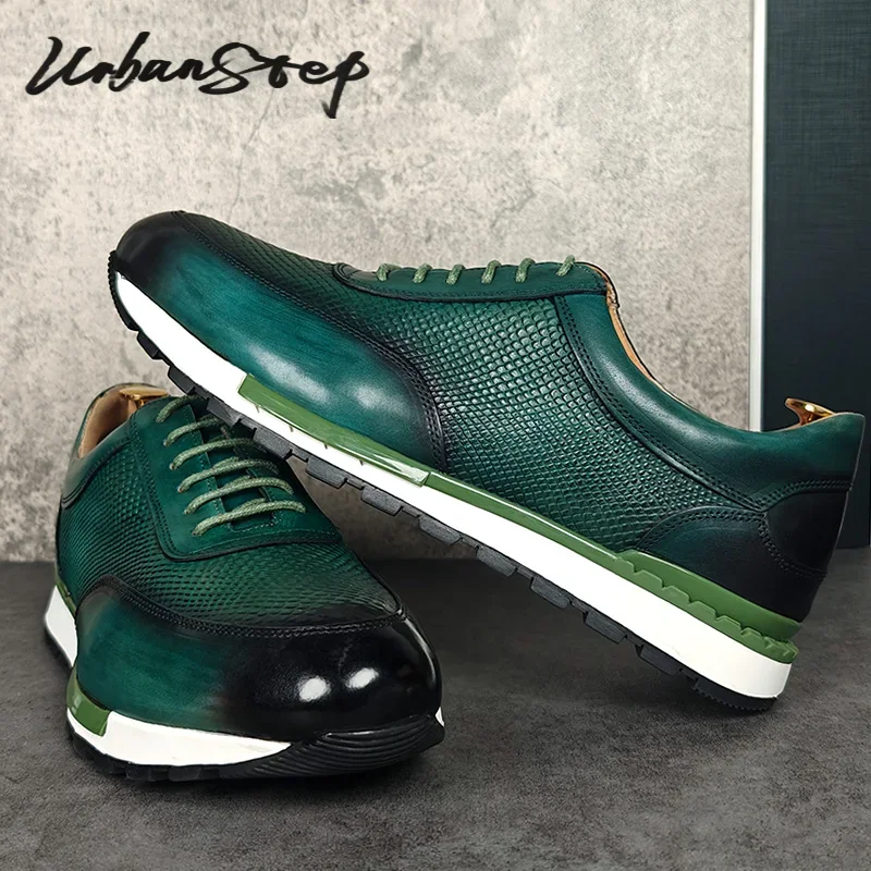 

Luxury Brand Designer Men Sneakers Real Leather Lace Up Comfortable Sports Shoes Green Brogue Oxford Casual Dress Shoes for Men