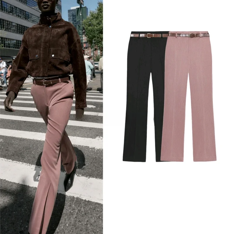 

Fall New Women's High Waist Loose Straight Leg Pants with Belt Simple Flip Cover ket Design Ele Commuter Sle