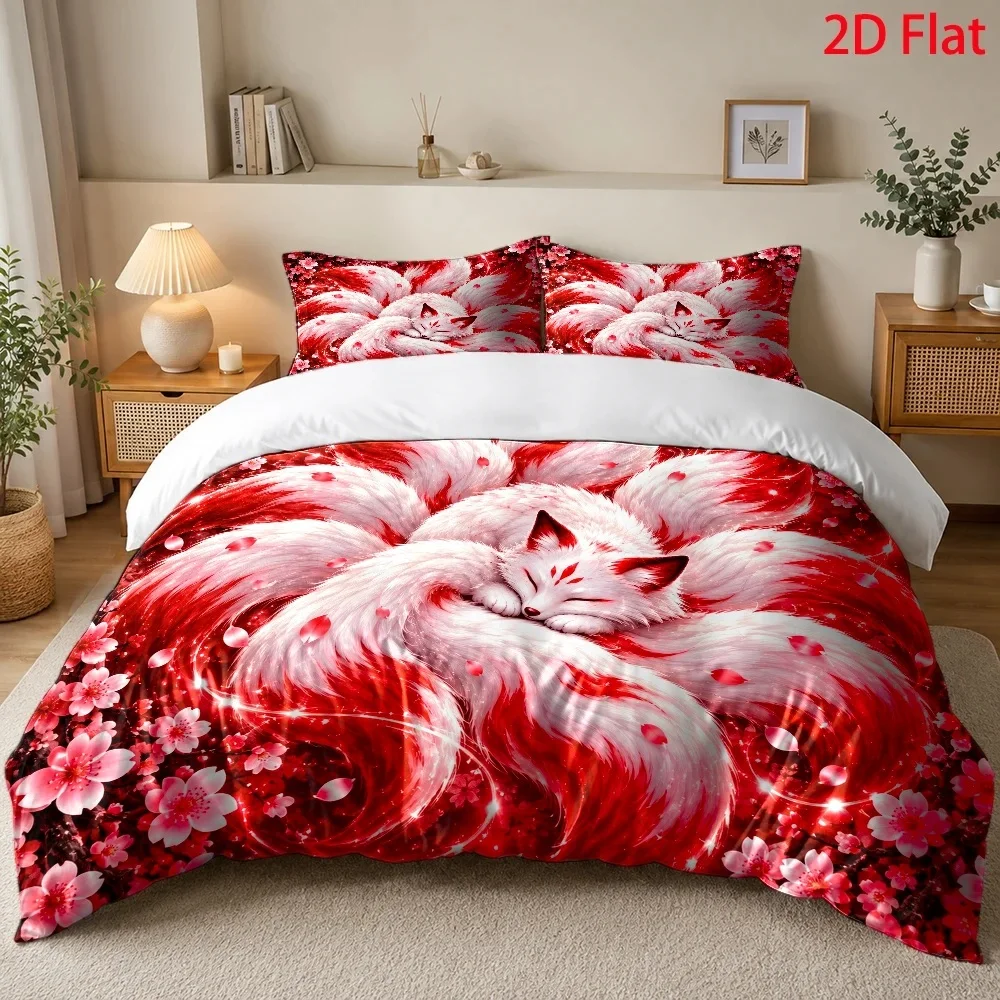 Romantic Cherry Blossoms Sleeping Fox Three-Piece Bedding Set (1*Duvet Cover + 2*Pillowcases) Christmas Halloween Festival Outfit Comforter Sets Quilt Cover Bedding Set Breathable Polyester Invisible Zipper Machine Wash