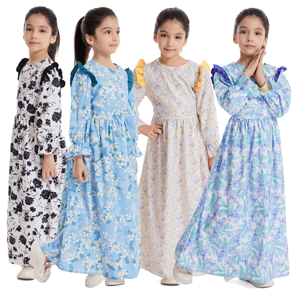 

2024 Ramadan Muslim Girls Kids Maxi Dress Floral Print Abaya Dubai Turkey Arabic Robe Kaftan Islamic Eid Children Clothing Gown
