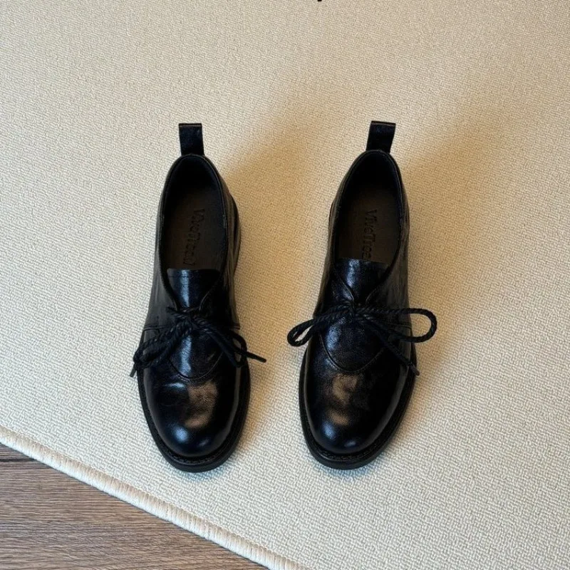 French Vintage Simple Lace-up Loafers Spring New Super Soft Kitten Heel Women's Single Shoes view 4