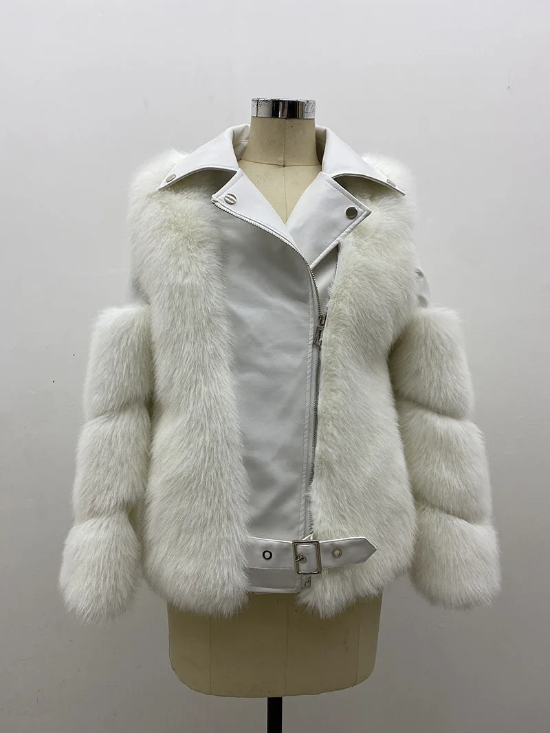 ZADORIN Top Fashion Luxury FAUX Fox Fur Coat Motorcycle PU Leather Turn Down Collar Warm Faux Fur Jacket Women Autumn Winter New