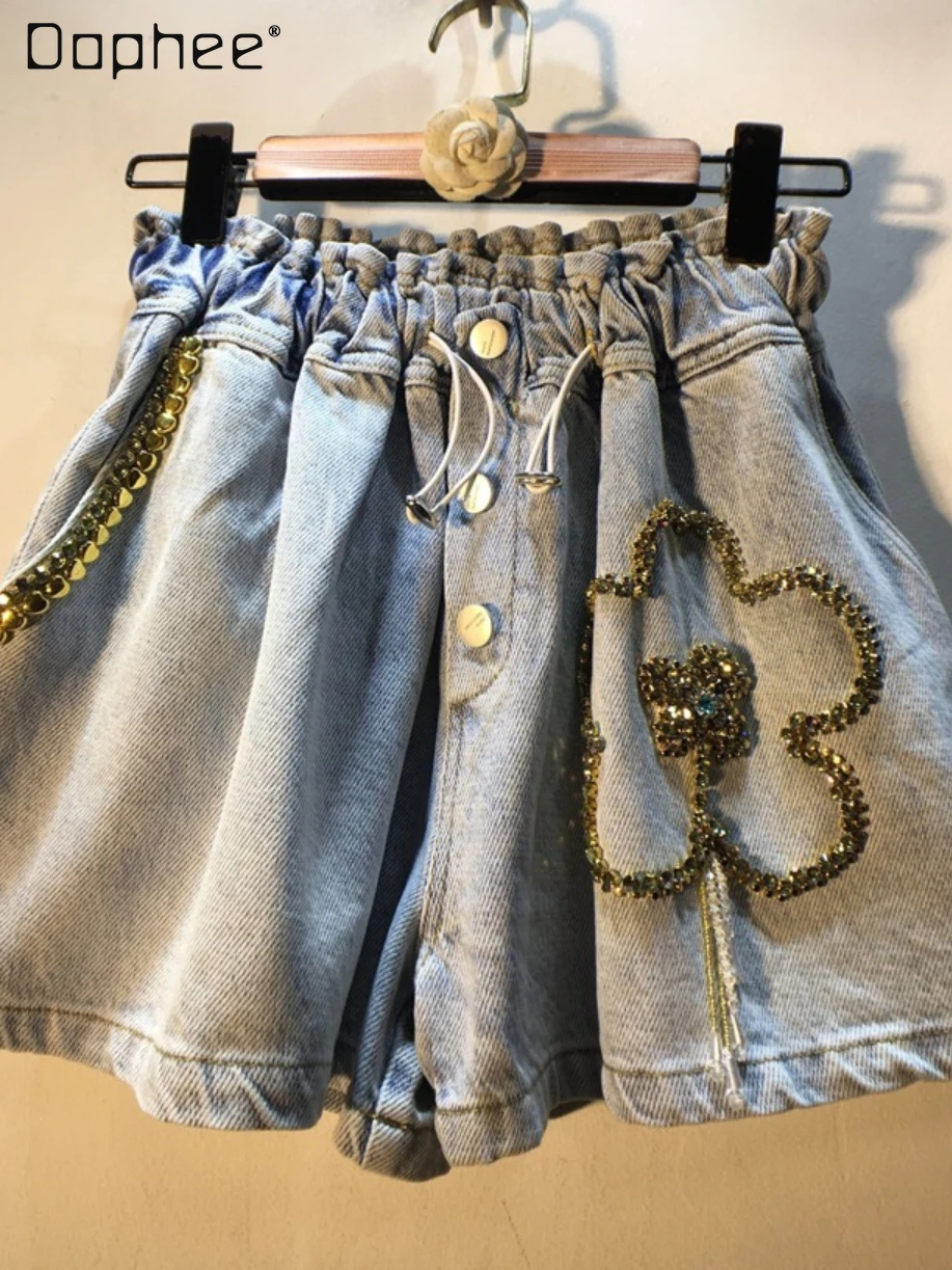 

Exquisite Rhinestone Tassel Pendant Decoration High Waist Loose Slimming Wide-Leg Denim Shorts Female Summer Casual Short Pants