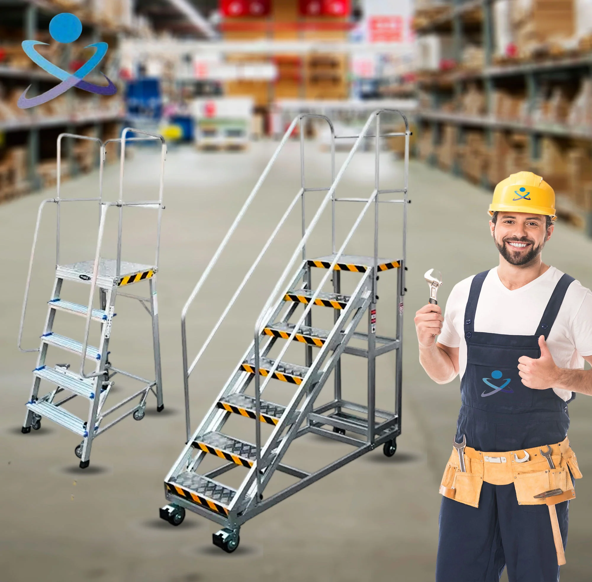 Mobile Aluminum Alloy Platform Step Ladder with Safety Handrails and Locking Casters Industrial Warehouse Access Ladder