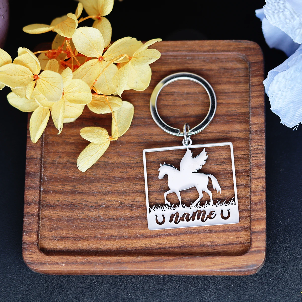 QIAMNI Customized Name Cute Horse Angel Wings Keychain Stainless Steel Metal Car Key Chains Engraved Nameplate Bag Keyrings Gift view 5