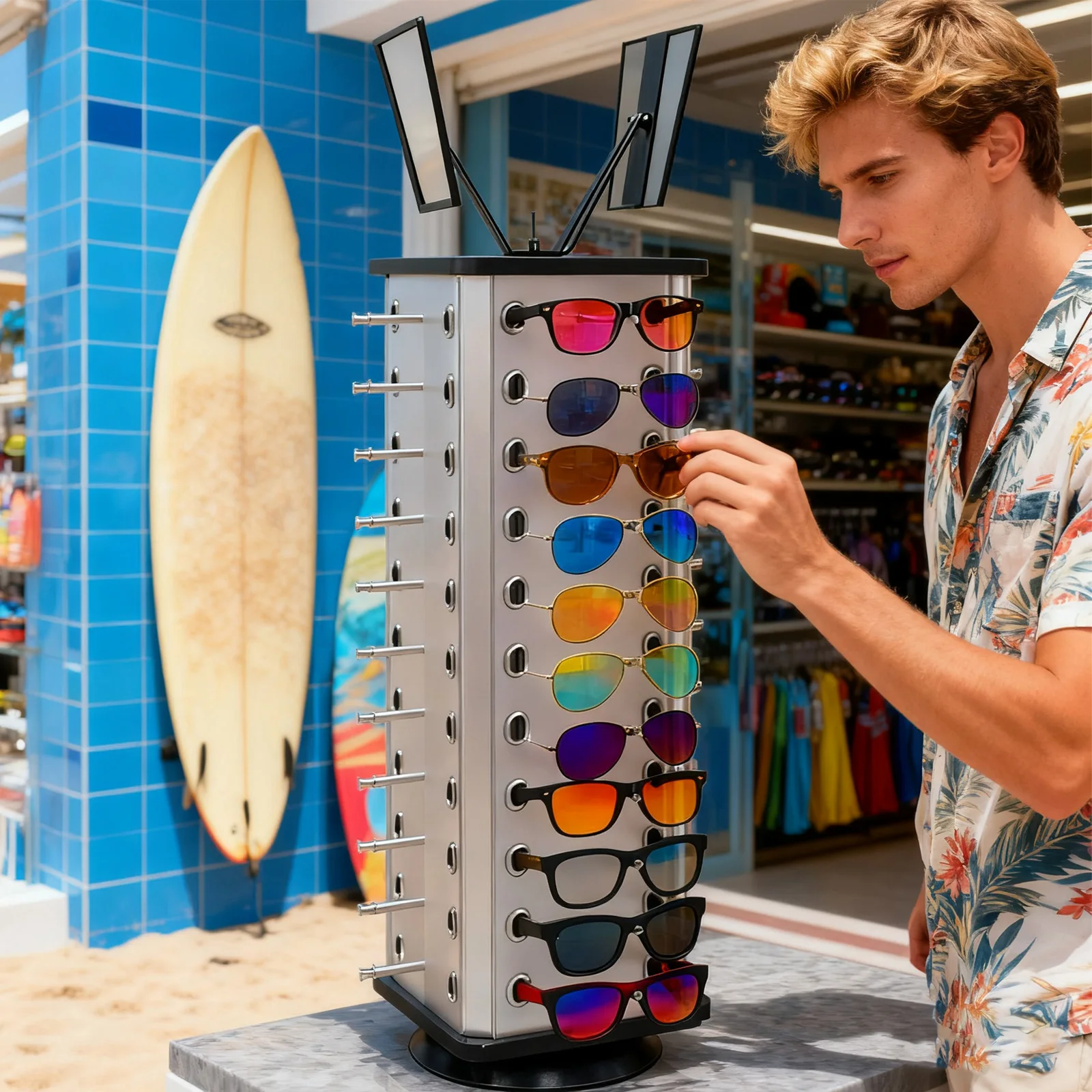 

Вращающаяся витрина для очков на 44 пары, стеллаж для хранения солнцезащитных очков и зеркало для магазина оптики, органайзер-полка для аксессуаров