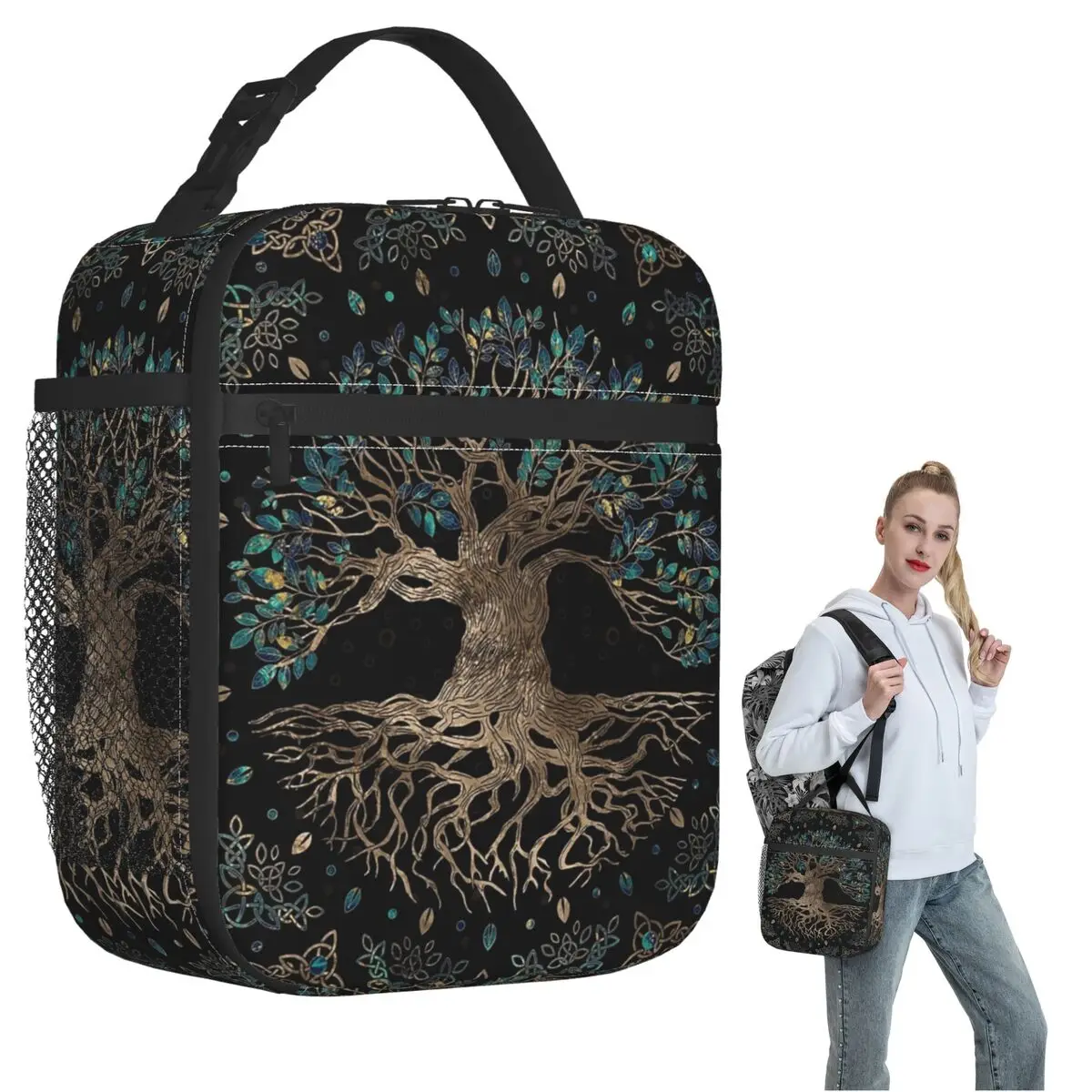 Tree Of Life -Yggdrasil Golden And Marble Insulated Lunch Bag for Women Kids Portable Food Boxes Thermal Lunch Box Tote