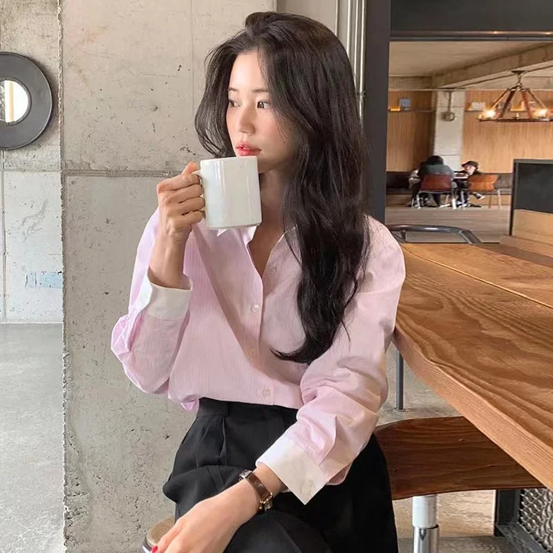 

Spring 2026 Women's Loose Long Sleeve Striped Shirt Pink Casual Versatile Japanese Style Loose Fit Collar Top