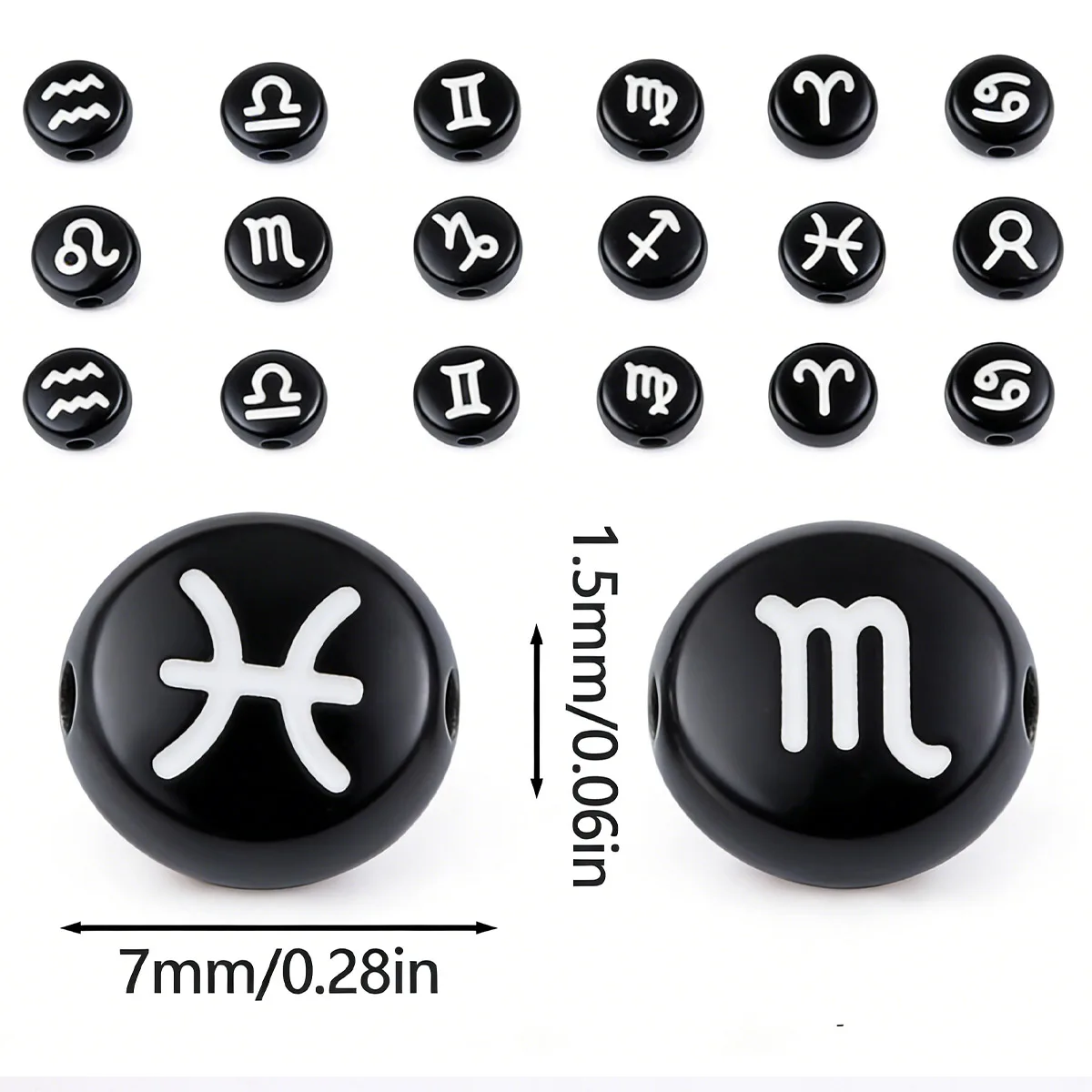 100/200Pcs 7mm Black Background White Characters Constellation Beads for Jewelry Bracelets Necklace Making DIY Accessories