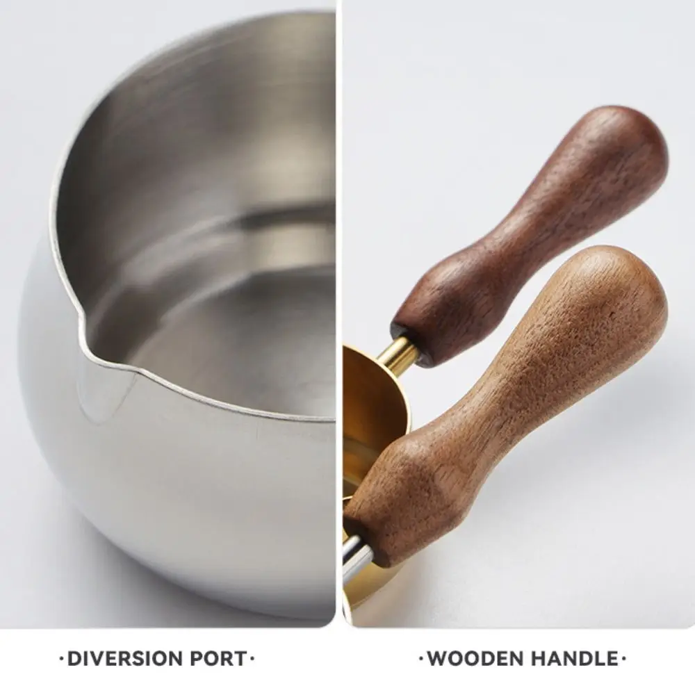 Kitchen Supplies 304 Stainless Steel Sauce Pan Wooden Handle 60/110ml Oil Pouring Pan Diversion Nozzle Extract Cup Espresso