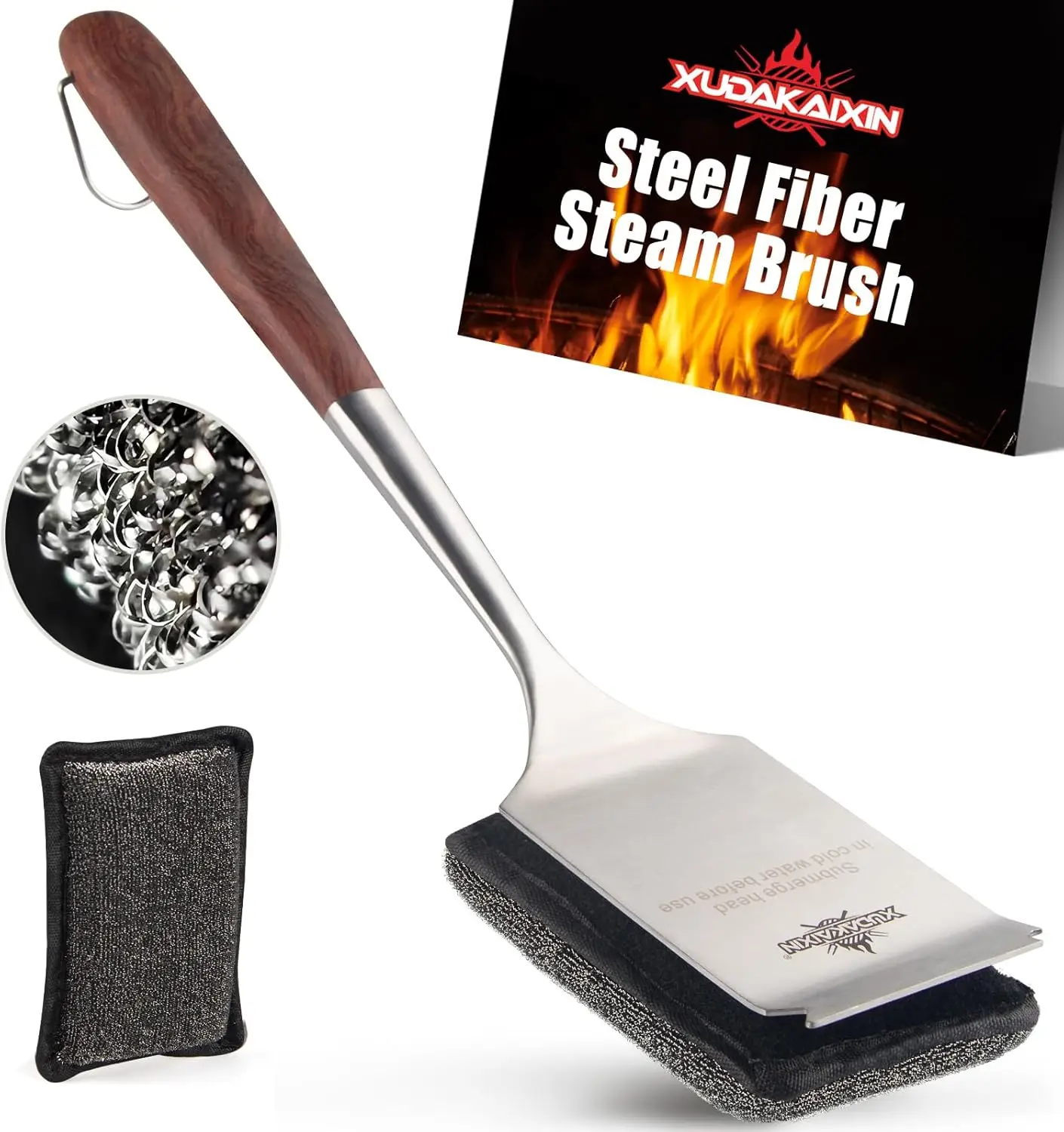 

Bristle-Free Steam Cleaning Grill Brush,with Extended Luxurious Rosewood Handle and 1 Replacement Head,BBQ Grill Cleaning
