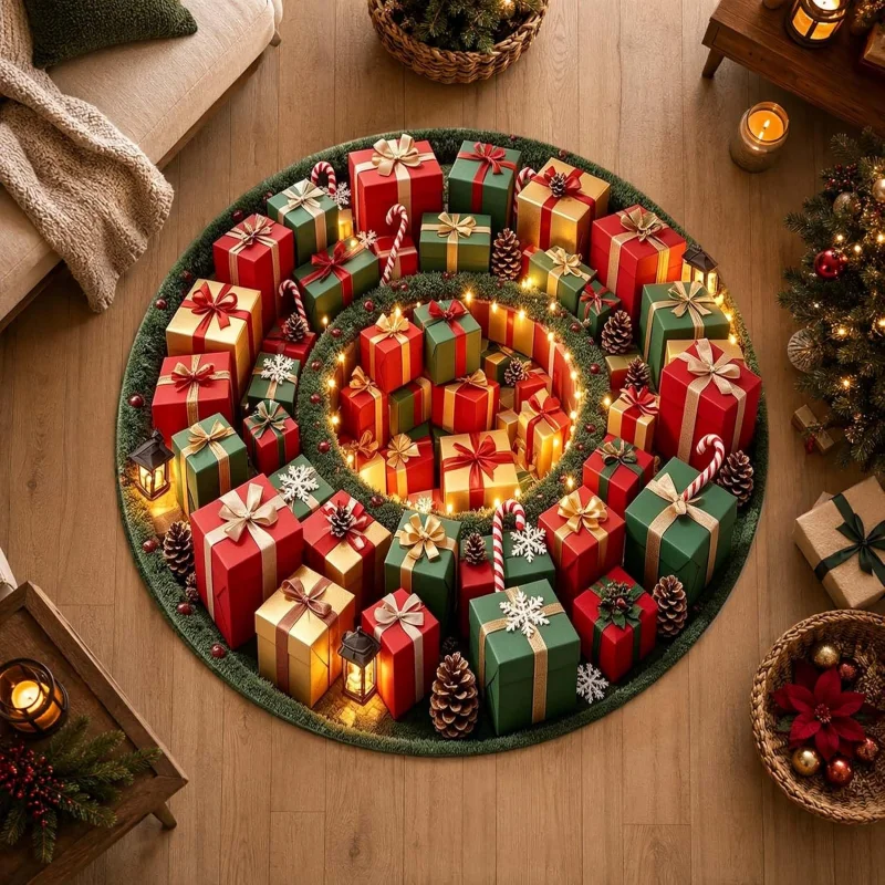 2D Optical Illusion Round Rug Stacked Christmas Gift Boxes Print Floor Mat Xmas Holiday Home Decor Carpet Living Room Bedroom