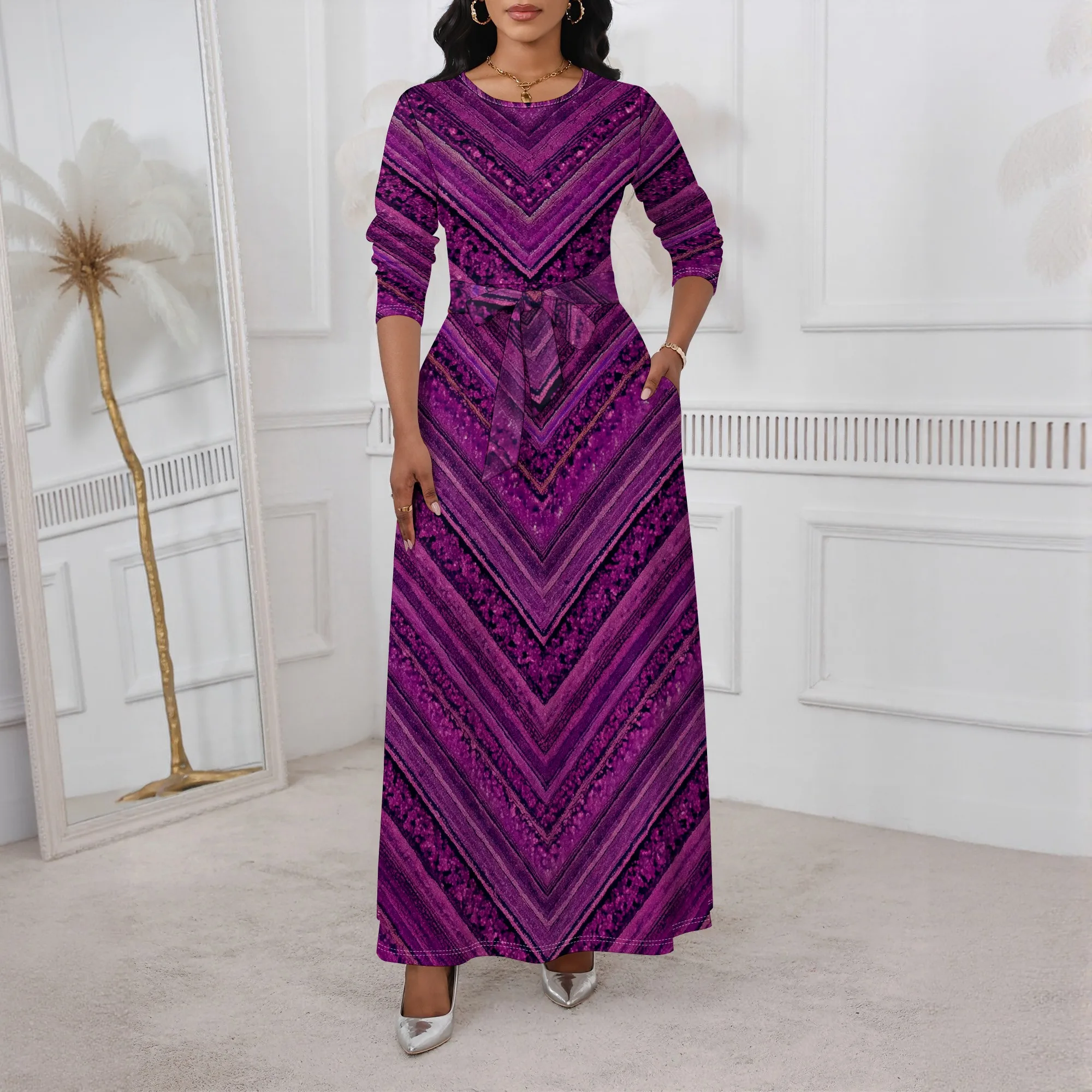 

Women's Maxi Dress XS-3XL Long Sleeve Belted Waist V Stripe Print Elegant Casual Fall Spring Party Evening Outfit