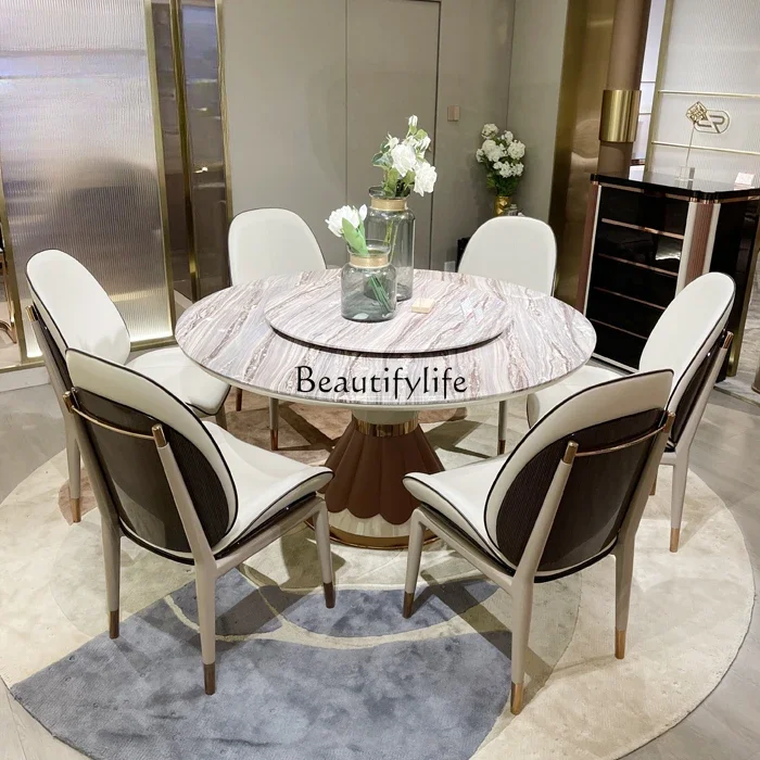 

LX1Italian dining table light luxury marble with turntable round table solid wood high-end