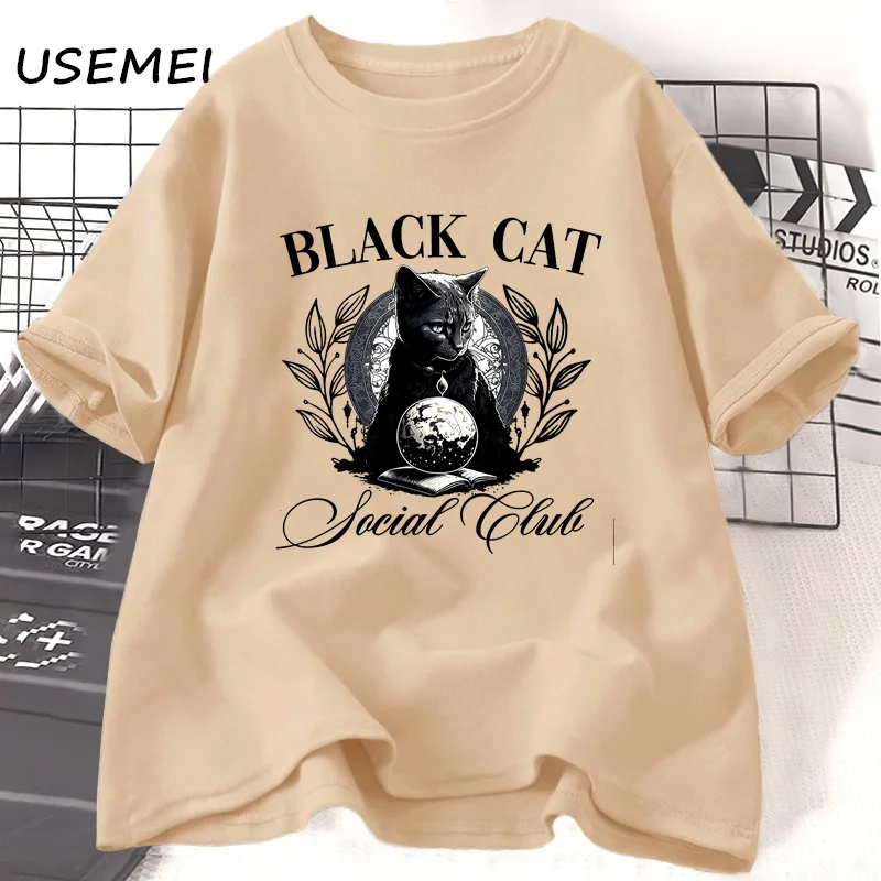 Halloween Black Cat Spooky Season Graphic T Shirts Social Club Spooky Goth Aesthetic T-shirt Witchy Fall Cat Tees Clothes