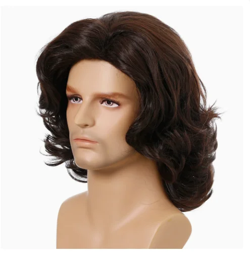 Men Dark Brown Medium Long Curly Wig, Retro Mullet Voluminous Wavy Full Wig for Halloween Cosplay
