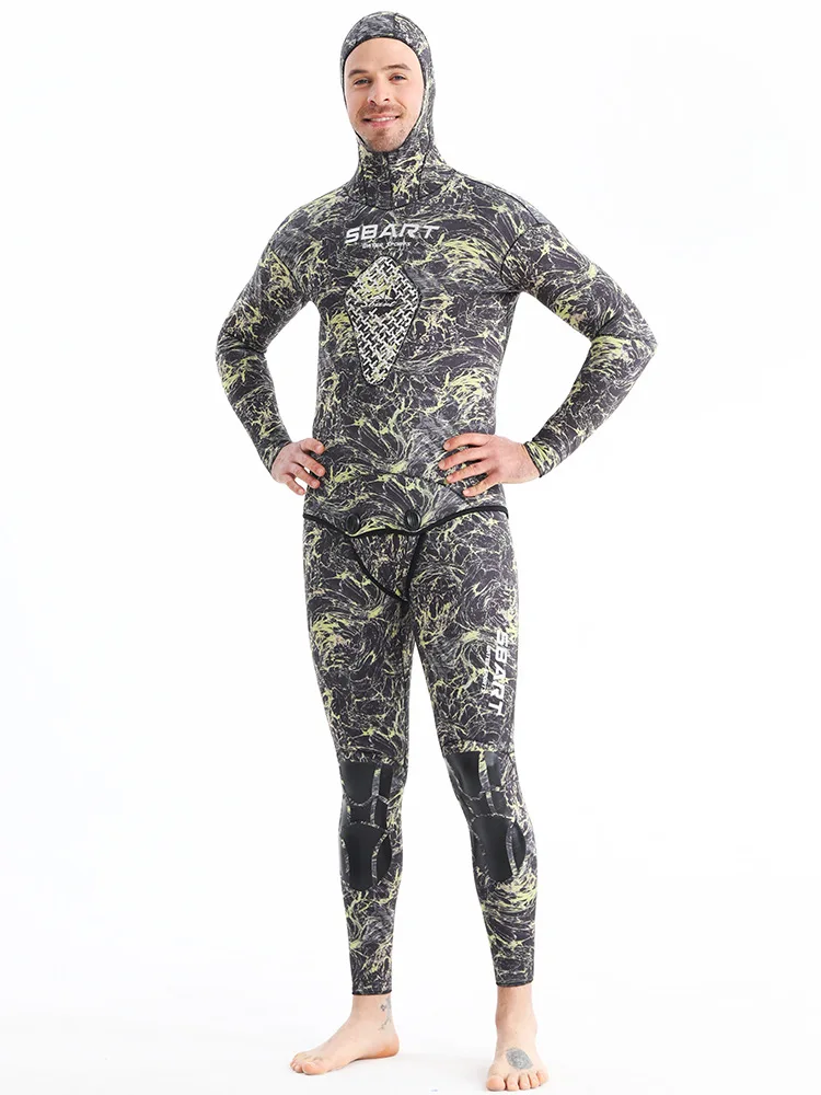 Men's Spearfishing Wetsuits,3MM Camouflage Neoprene Diving Suit/Two-Pieces Hooded Snorkeling Suit for Freediving Snorkeling Swim