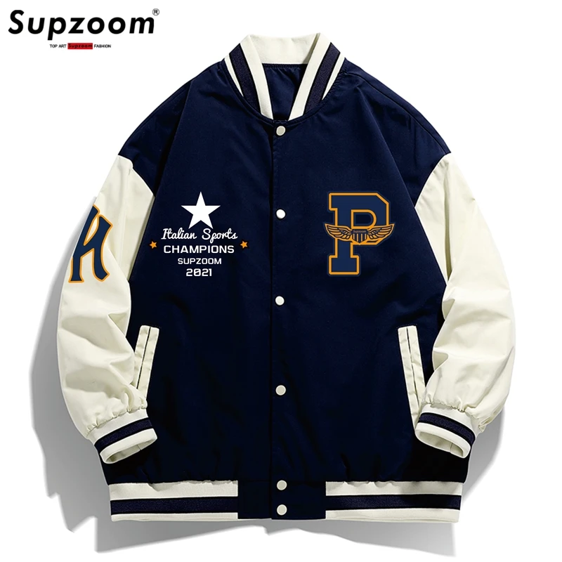 Supzoom-Chaqueta de béisbol con manga de canalé para mujer, cárdigan holgado con estampado de letras y Logo, informal, de un solo pecho, novedad de