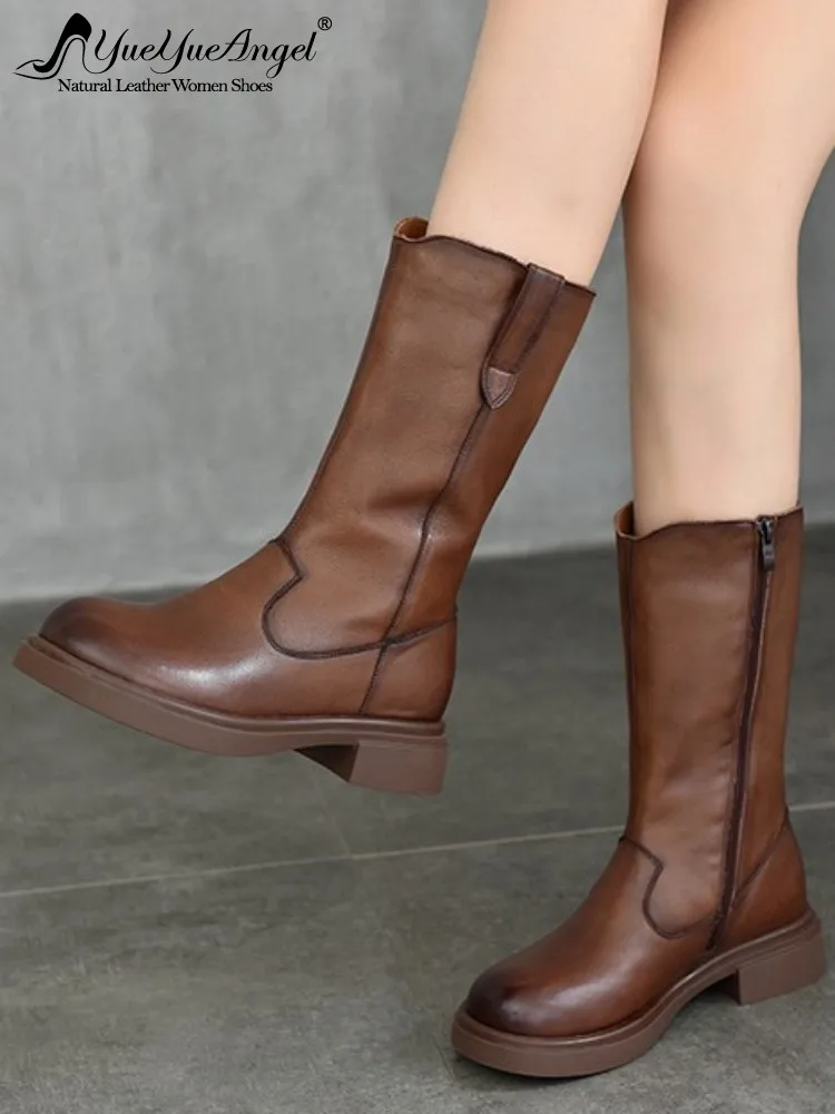 Retro Style Genuine Leather Zipper Chunky Heel High Boots Solid Color Cowhide Round Toe Platform Female Handmade Footwear