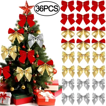 12/36pcs 크리스마스 활 크리스마스 장식 홈 골드 레드 Bowknot 크리스마스 트리 장식품 새해 2024 Navidad 장식 용품