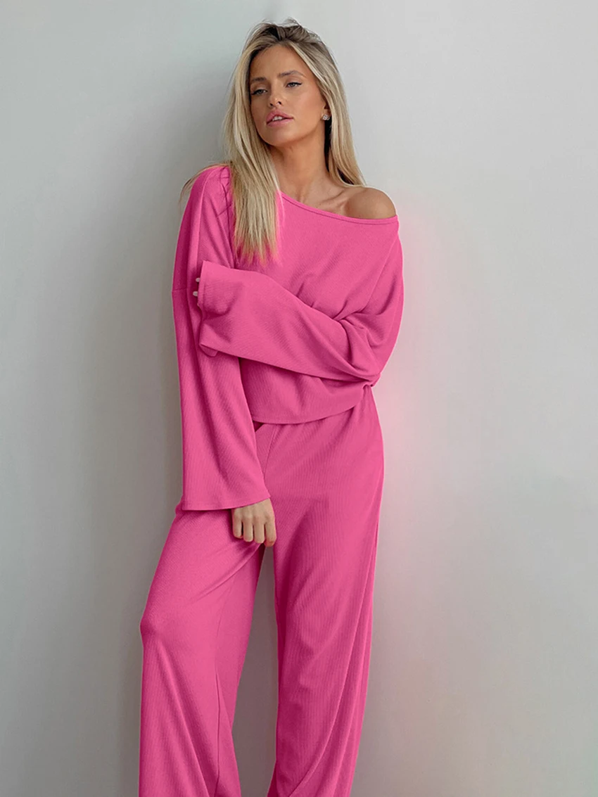 Mathaqiqi Loose Women Nightwear 2 Piece Suit Sexy O-Neck Sleepwear Long Sleeve Nightgowns Wide Leg Pants Casual Femme Pajama Set