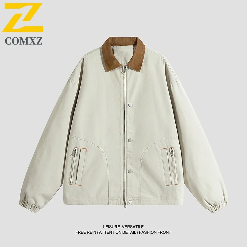 

COMXZ American Style Mens Jacket Casual Stand Collar Lightweight Motorcycle Coat Premium Travel Windproof Autumn New Coats
