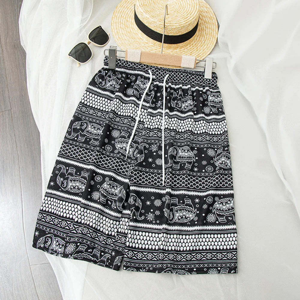 Women Loose Beach Shorts Elephant Print Summer Casual Pants High Waist Lightweight Soft Fabric Sleepwear Home Bottoms