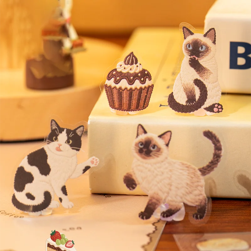 4 عبوات من ملصقات Meow Enjoy Sweet Time PET، ملصقات زخرفية مخططة لطيفة على شكل رسوم متحركة، ألبوم يوميات، مجموعة مواد مجمعة لخلفية المذكرات #4