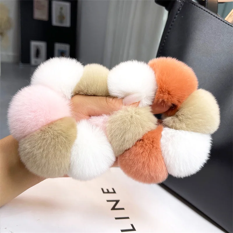 

Winter Women's Fur Hair Bundle Soft Rex Rabbit Fur Headwear Women's Horsetail Brackets Rope Headwear Hair Accessories